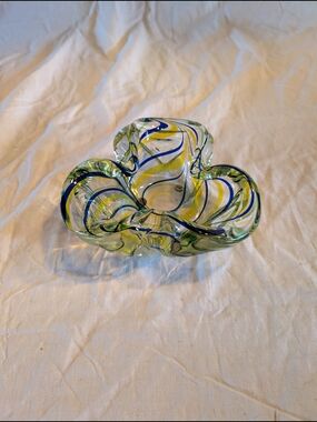 2/100$ Vintage Romanian Glass Sculpture Bowl with Blue and Yellow Swirls